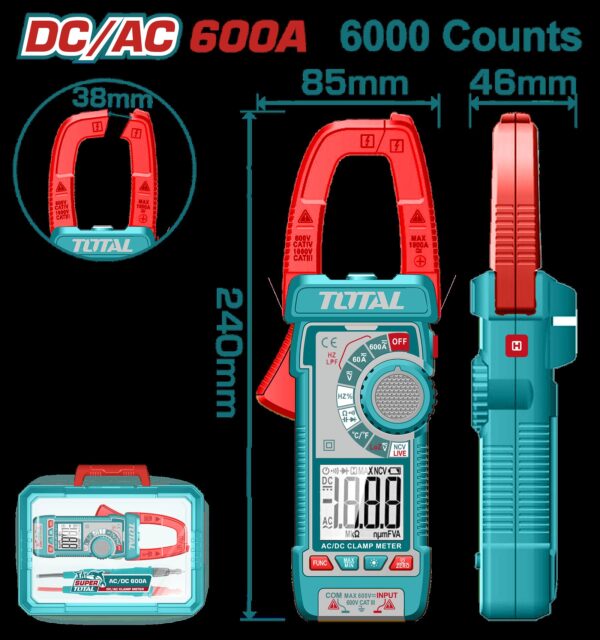 PINZA VOLTIAMPERIMETRICA DIGITAL 600A  6000 CONTEOS RMS INDUSTRIAL TOTAL (TMT766002)