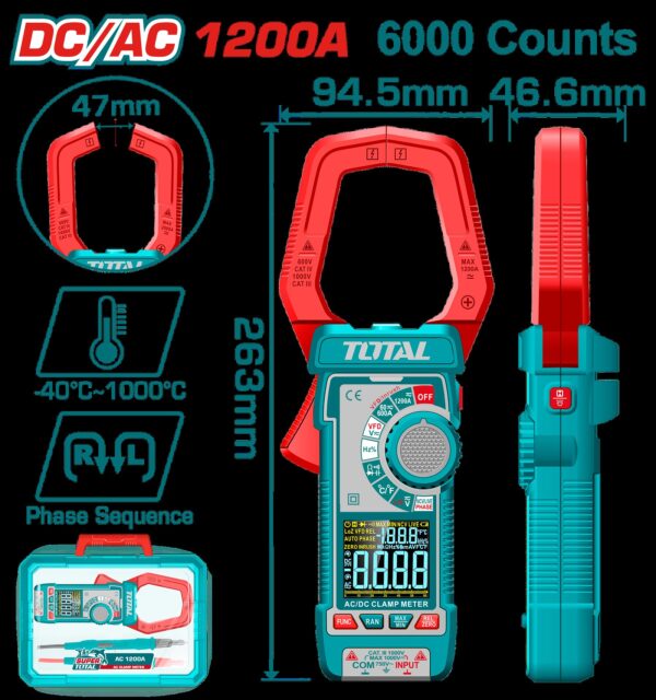 PINZA VOLTIAMPERIMETRICA DIGITAL 1200A  6000 CONTEOS RMS  INDUSTRIAL TOTAL (TMT7610002)