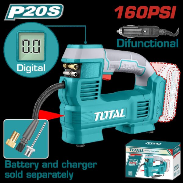 COMPRESOR MINI INALAMBRICO DIGITAL  20V 160PSI AUTOMATICO PARA CARRO BATERIA Y CARGADOR NO INCLUIDO TOTAL (TACLI2012)