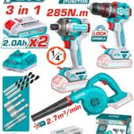 COMBO INALAMBRICO 20 V ATORNILLADOR IMPACTO 1/4" 285NM + TALADRO PERCUTOR 1/2" 76NM + SOPLADORA INCLUYE 2 BATERIAS 2.0AH, CARGADOR Y ACCESORIOS INDUSTRIAL TOTAL (UTOSLI250182)