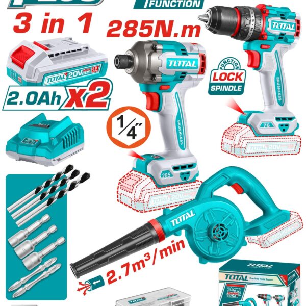 COMBO INALAMBRICO  20 V ATORNILLADOR IMPACTO 1/4" 285NM + TALADRO PERCUTOR 1/2" 76NM + SOPLADORA INCLUYE 2 BATERIAS 2.0AH, CARGADOR Y ACCESORIOS INDUSTRIAL TOTAL (UTOSLI250182)