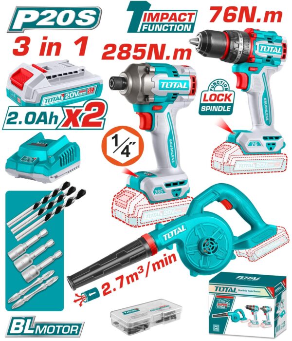COMBO INALAMBRICO  20 V ATORNILLADOR IMPACTO 1/4" 285NM + TALADRO PERCUTOR 1/2" 76NM + SOPLADORA INCLUYE 2 BATERIAS 2.0AH, CARGADOR Y ACCESORIOS INDUSTRIAL TOTAL (UTOSLI250182)