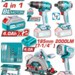 COMBO INALAMBRICO 20V TALADRO PERCUTOR 96NM + ATORNILLADOR DE IMPACTOR 1/2" 285NM + CIERRA CIRCULAR 7-1/4" + LAMPARA DE TRABAJO 2000LM + 2 BATERIAS 4.0AH + CARGADOR INCLUYE ACCESORIOS INDUSTRIAL TOTAL (UTOSLI241297)