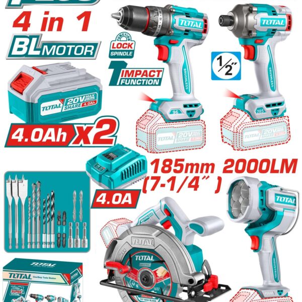 COMBO INALAMBRICO  20V   TALADRO PERCUTOR 96NM + ATORNILLADOR DE IMPACTOR 1/2" 285NM + CIERRA CIRCULAR 7-1/4" + LAMPARA DE TRABAJO 2000LM + 2 BATERIAS 4.0AH + CARGADOR  INCLUYE ACCESORIOS INDUSTRIAL TOTAL (UTOSLI241297)