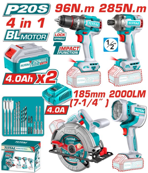 COMBO INALAMBRICO  20V   TALADRO PERCUTOR 96NM + ATORNILLADOR DE IMPACTOR 1/2" 285NM + CIERRA CIRCULAR 7-1/4" + LAMPARA DE TRABAJO 2000LM + 2 BATERIAS 4.0AH + CARGADOR  INCLUYE ACCESORIOS INDUSTRIAL TOTAL (UTOSLI241297)
