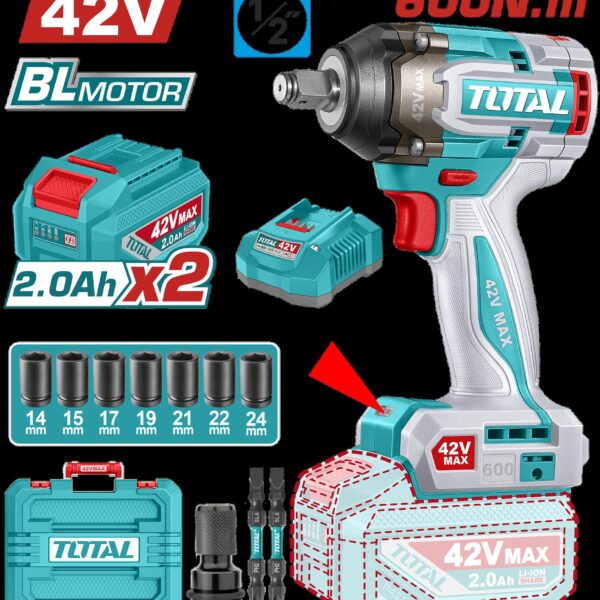 PISTOLA IMPACTO INALAMBRICA 1/2 42V 600 NM  INCLUYE 2 BATERIAS 1 CARGADOR COPAS , PUNTA DESTORNILLADOR Y ADAPTADOR INDUSTRIAL SUPER TOTAL(UTIWLI42602)