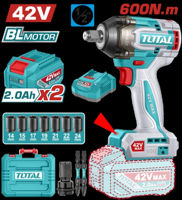 PISTOLA IMPACTO INALAMBRICA 1/2 42V 600 NM  INCLUYE 2 BATERIAS 1 CARGADOR COPAS , PUNTA DESTORNILLADOR Y ADAPTADOR INDUSTRIAL SUPER TOTAL(UTIWLI42602)