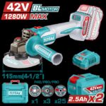 PULIDORA INALAMBRICA 4 1/2 INDUSTRIAL 42V 1280W INCLUYE DISCOS  2 BATERIAS 2.0 AH Y CARGADOR , MOTOR SIN ESCOBILLAS  INDUSTRIAL SUPER TOTAL (UTAGLI4128112)