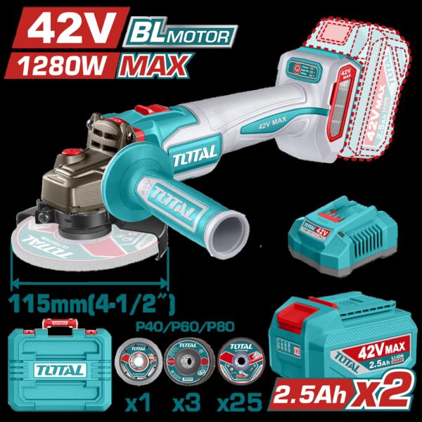 PULIDORA INALAMBRICA 4 1/2 INDUSTRIAL 42V 1280W INCLUYE DISCOS  2 BATERIAS 2.0 AH Y CARGADOR , MOTOR SIN ESCOBILLAS  INDUSTRIAL SUPER TOTAL (UTAGLI4128112)