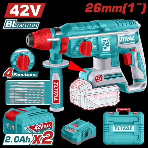 TALADRO ROTOMARTILLO SDS PLUS 42V  2.5 JULES INCLYE  2 BATERIAS 2.0 AH, 1 CARGADOR  Y ACCESORIOS INDUSTRIAL SUPER TOTAL (UTRHLI422682)