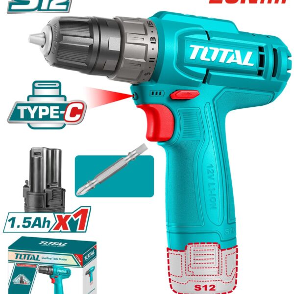 TALADRO INALAMBRICO 1/32/3/8" 12V 20NM INCLUYE 1 BATERIA 1.5AH, 1 PUNTA DESTORNILLADOR CARGA TIPO C SUPER TOTAL(TDLI12456)
