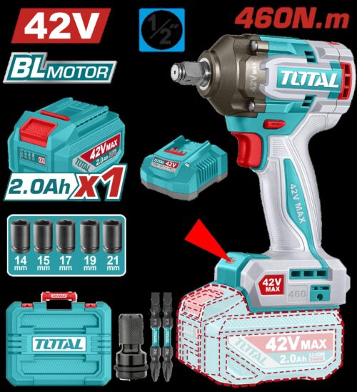 PISTOLA IMPACTO INALAMBRICA 1/2" 42V 460 NM CAJA PLASTICA INCLUYE 1 BATERIA, 1 CARGADOR Y ACCESORIOS SUPER TOTAL INDUSTRIAL (UTIWLI42461)