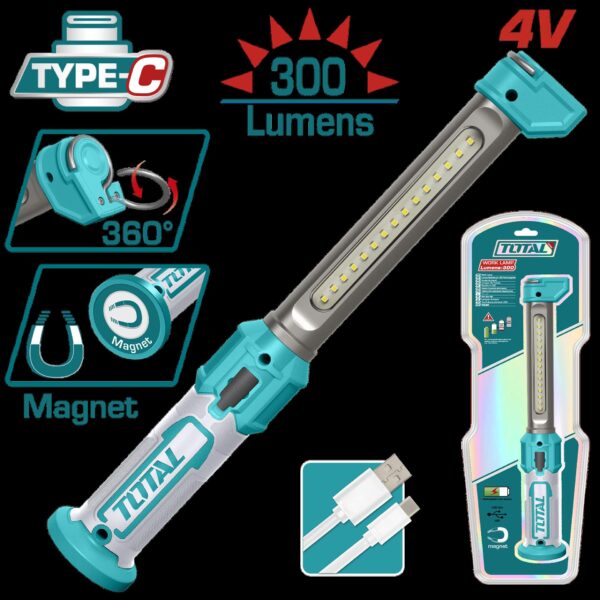 LAMPARA DE TRABAJO 300 LUMENES RECARGABLE  SUPER  TOTAL (TWLI043006)