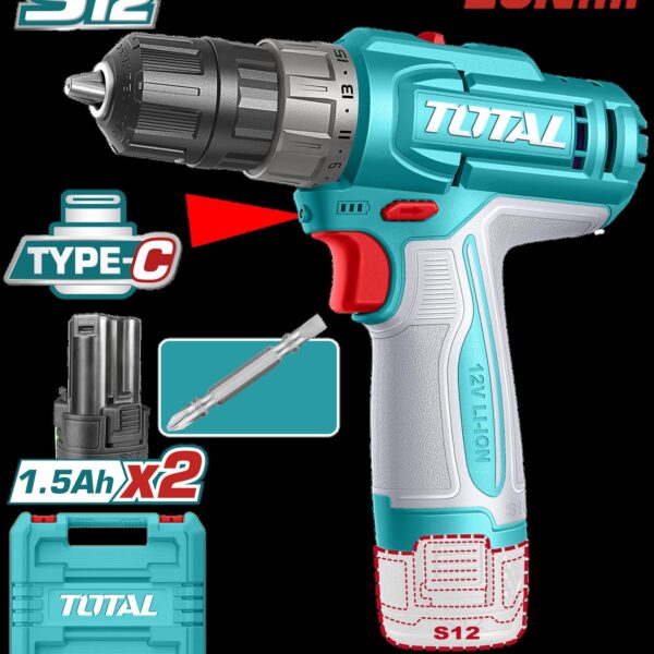 TALADRO INALAMBRICO 3/8" 12V 20NM INCLUYE 2 BATERIAS 1.5 AH SUPER TOTAL (TDLI12206)