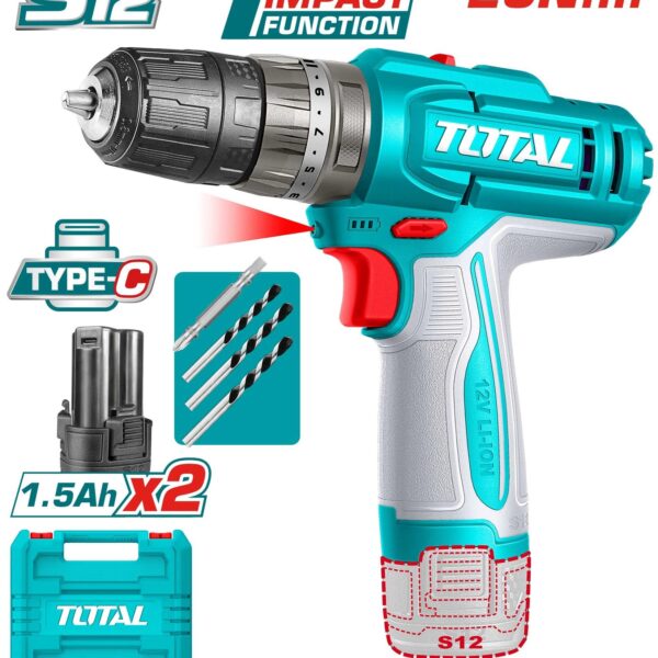 TALADRO INALAMBRICO PERCUTOR 1/32-3/8" 12V 20NM INCLUYE 2 BATERIAS 1.5 AH SUPER TOTAL  (TIDLI12206)