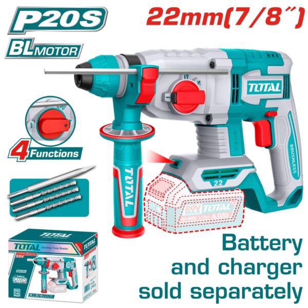 TALADRO ROTOMARTILLO SDS PLUS 7/8" 20V 4.5 JULES INCLUYE ACCESORIOS BATERIA Y CARGADOR NO INCLUIDO INDUSTRIAL SUPER TOTAL (TRHLI21228)
