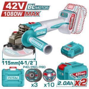 Pulidora Inalambrica 4 1/2 Industrial 42V 1080W Incluye Discos  2 Baterias 2.0 AH y Cargador , Motor sin Escobillas  Industrial Super Total (UTAGLI4108112)