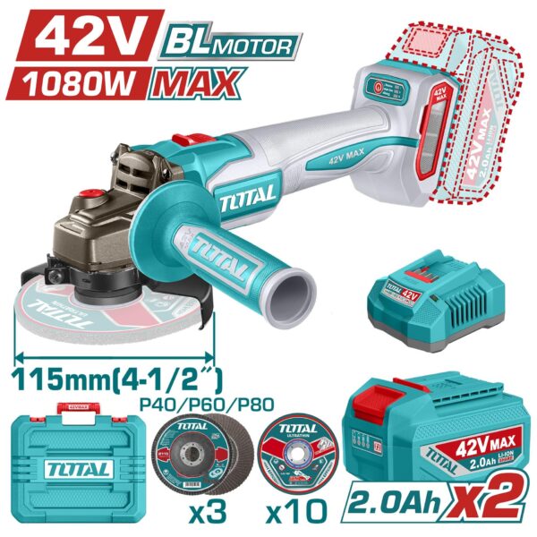 PULIDORA INALAMBRICA 4 1/2 INDUSTRIAL 42V 1080W INCLUYE DISCOS  2 BATERIAS 2.0 AH Y CARGADOR , MOTOR SIN ESCOBILLAS  INDUSTRIAL SUPER TOTAL (UTAGLI4108112)