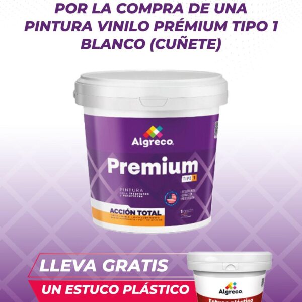 KIT PINTURA VINILO PREMIUM TIPO 1 BLANCO CUNETE (99400105) (ALGRECO) 1 UD + GRATIS ITEM 16052A ESTUCO PLASTICO CUARTO 1.5KG (96300114) 1 UD