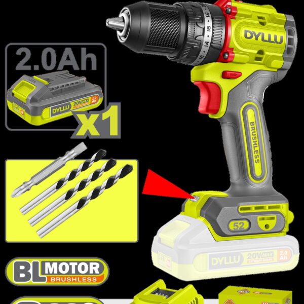 TALADRO INALAMBRICO PERCUTOR 1/2" 52 NM 20V CAJA CARTON INCLUYE 1 BATERIAS 20V (2.0AH), 1 CARGADOR Y ACCESORIOS DYLLU (UDTCDP5282)