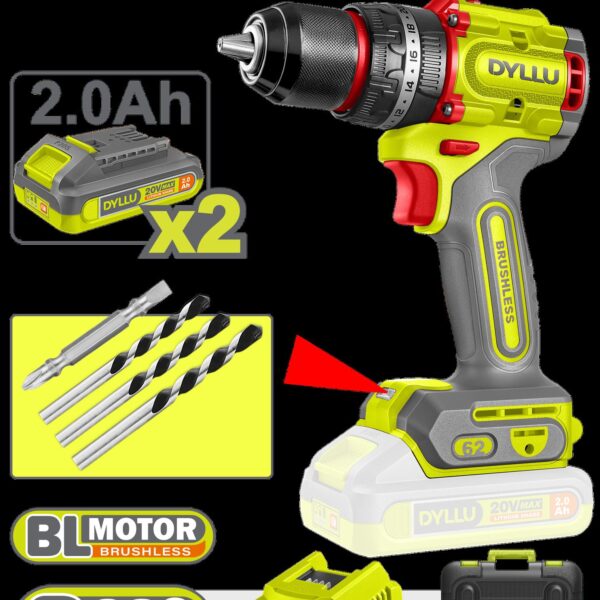 TALADRO INALAMBRICO PERCUTOR 1/2" 62 NM 20V CAJA PLASTICA INCLUYE 2 BATERIAS 20V (2.0AH), 1 CARGADOR Y ACCESORIOS DYLLU (UDTCDP6281)