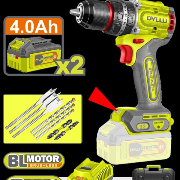 TALADRO INALAMBRICO PERCUTOR 1/2" 92 NM 20V CAJA PLASTICA INCLUYE 2 BATERIAS 20V (4.0AH), 1 CARGADOR Y ACCESORIOS DYLLU (UDTCDP9281)