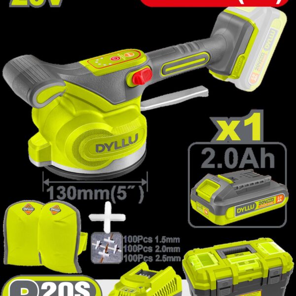 VIBRADOR DE BALDOSA INALAMBRICA 20V CON VENTOSA CAP 50KG INCLUYE 1 PAR DE RODILLERAS,  SEPARADORES DE BALDOSA (1.5-2.0-2.5), 1 BATERIA 2.0AH , CARGADOR Y CAJA HERRAMIENTA INDUSTRIAL DYLLU (UDTTVM1D125)