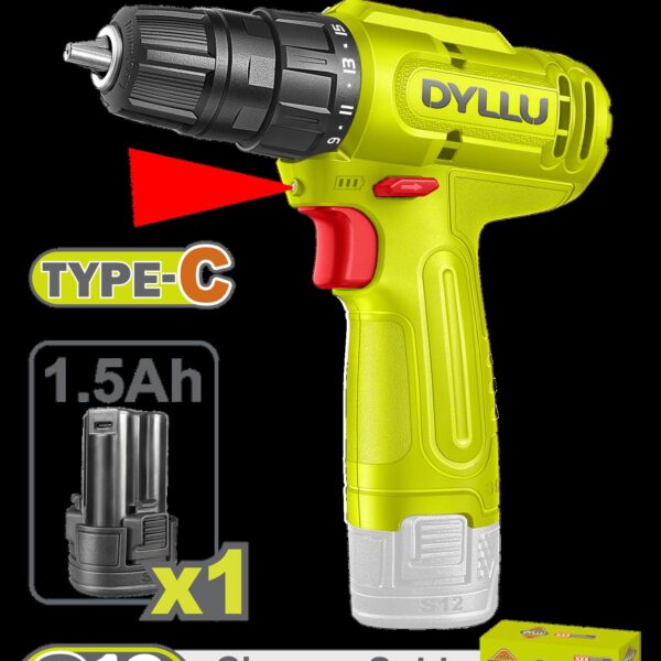 TALADRO INALAMBRICO 3/8" 12V 20NM INCLUYE 1 BATERIA 1.5 AH DYLLU (DTCDS518)