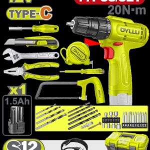 Taladro Inalambrico 3/8 (10MM)  12V + Kit de Herramientas 77 Pzs Dyllu (DTDT4B77)