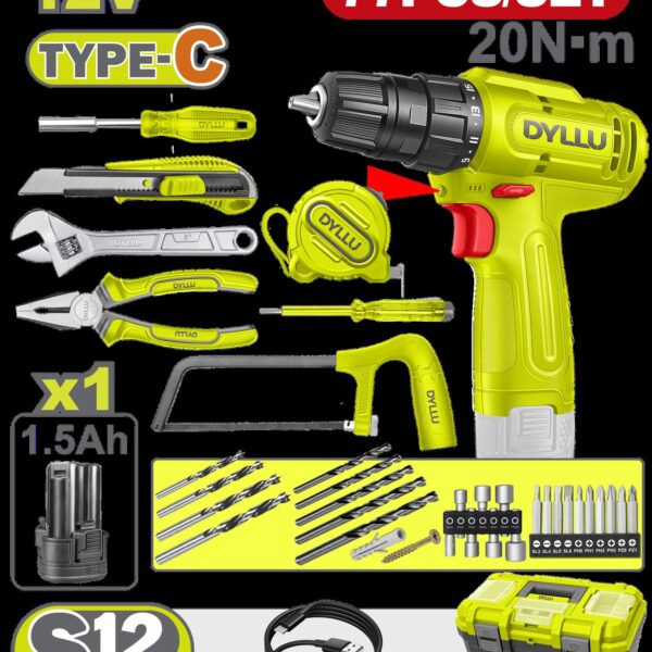 TALADRO INALAMBRICO 3/8 (10MM)  12V + KIT DE HERRAMIENTAS 77 PZS DYLLU (DTDT4B77)