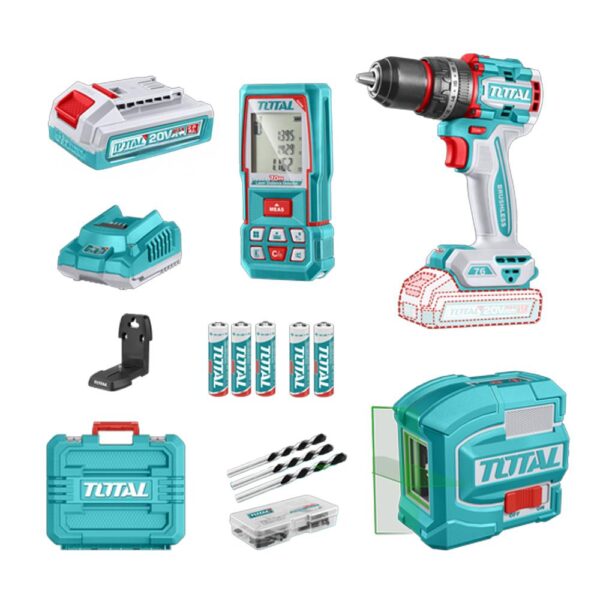 COMBO INALAMBRICO 20V NIVEL LASER 0-35M  LUZ VERDE +  MEDIDOR DE DISTANCIAS LASER 60MTS + TALADRO PERCUTOR 1/2" 76NM + 2 BATERIAS 2.0 AH + CARGADOR 20V Y ACCESORIOS INDUSTRIAL SUPER TOTAL (UTOSLI250511)