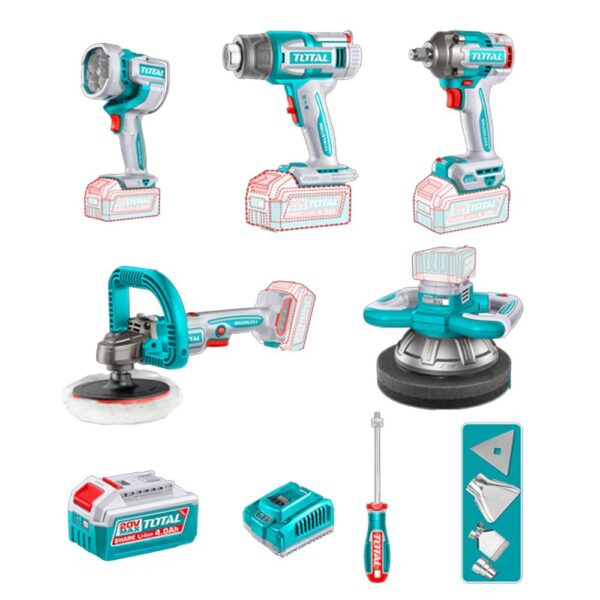 COMBO INALAMBRICO 20V  POLICHADORA  ORBITAL 10"+ POLICHADORA 7" + PISTOLA IMPACTO 1/2" 400 NM  + LAMPARA DE TRABAJO LM2000 + PISTOLA CALOR CON TEMPERATURA AJUSTABLE PANTALLA LCD +  2 BATERIAS 4.0 AH + CARGADOR 20V Y ACCESORIOS INDUSTRIAL SUPER TOTAL (UTOSLI250592)