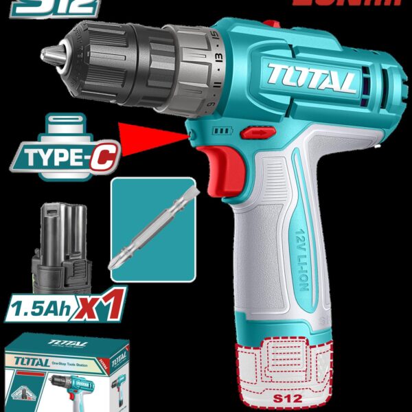 TALADRO INALAMBRICO 3/8 (10MM) 20NM 12V INCLUYE 1 BATERIA DE 1.5AH CARGADOR TIPO-C NO INCLUIDO SUPER TOTAL (TDLI122061)