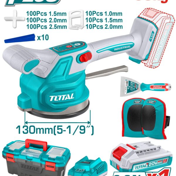 VIBRADOR DE BALDOSA INALAMBRICA 20V CON VENTOSA CAP 60KG INCLUYE 1 PAR DE RODILLERAS, ESPATULA, SEPARADORES DE BALDOSA (1.5-2.0-2.5), 1 BATERIA 2.0AH , CARGADOR Y CAJA HERRAMIENTA INDUSTRIAL TOTAL (UTTVLI20018)