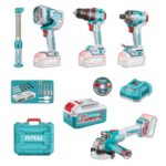 COMBO INALAMBRICO 20V TALADRO PERCUTOR 1/2 66 NM + PISTOLA IMPACTO 1/4 285 NM + PULIDORA 4 1/2 1000W + LAMPARA DE TRABAJO 2000 LM + LAMPARA DE TRABAJO 300 LM INCLUYE 2 BATERIAS 4.0AH , CARGADOR Y ACCESORRIOS INDUSTRIAL SUPER TOTAL (UTOSLI250692)