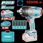 PISTOLA IMPACTO INALAMBRICA 3/4 20V 1050NM INCLUYE 2 BATERIAS 5.0AH + CARGADOR Y  5 COPAS 24,27,30,32,33 MM,  INDUSTRIAL SUPER TOTAL (UTIWLI20105)