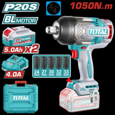 PISTOLA IMPACTO INALAMBRICA 3/4 20V 1050NM INCLUYE 2 BATERIAS 5.0AH + CARGADOR Y 5 COPAS 24,27,30,32,33 MM, INDUSTRIAL SUPER TOTAL (UTIWLI20105)