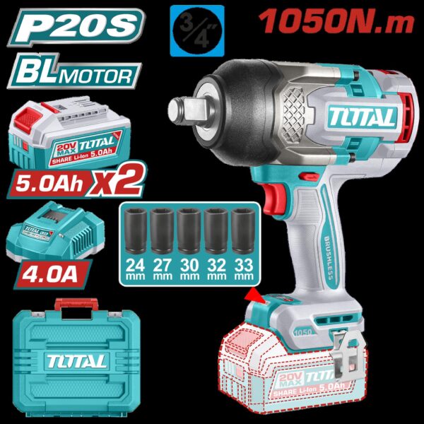 PISTOLA IMPACTO INALAMBRICA 3/4 20V 1050 NM INCLUYE 2 BATERIAS 5.0AH + CARGADOR Y 5 COPAS 24,27,30,32,33 MM, INDUSTRIAL SUPER TOTAL (UTIWLI20105)