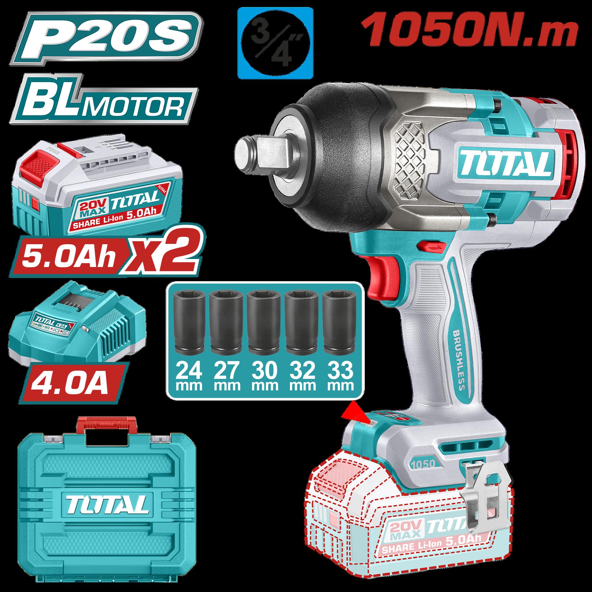 PISTOLA IMPACTO INALAMBRICA 3/4 20V 1050 NM INCLUYE 2 BATERIAS 5.0AH + CARGADOR Y 5 COPAS 24,27,30,32,33 MM, INDUSTRIAL SUPER TOTAL (UTIWLI20105)