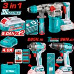 Combo Inalambrico  20V  Taladro  Percutor 1/2" 96 Nm  + Atornillador de Impacto 1/4" 285 Nm + Taladro Rotomartillo Sds Plus  4.5 Jules  Incluye 2 Bateria 5.0AH , 1 Cargador y Accesorios  Industrial  Super Total (UTOSLI250693)