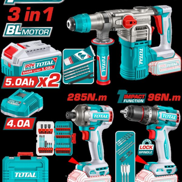 COMBO INALAMBRICO  20V  TALADRO  PERCUTOR 1/2" 96 NM  + PISTOLA DE IMPACTO 1/4" 285 NM + TALADRO ROTOMARTILLO SDS PLUS  4.5 JULES  INCLUYE 2 BATERIA 5.0AH , 1 CARGADOR Y ACCESORIOS  INDUSTRIAL  SUPER TOTAL (UTOSLI250693)