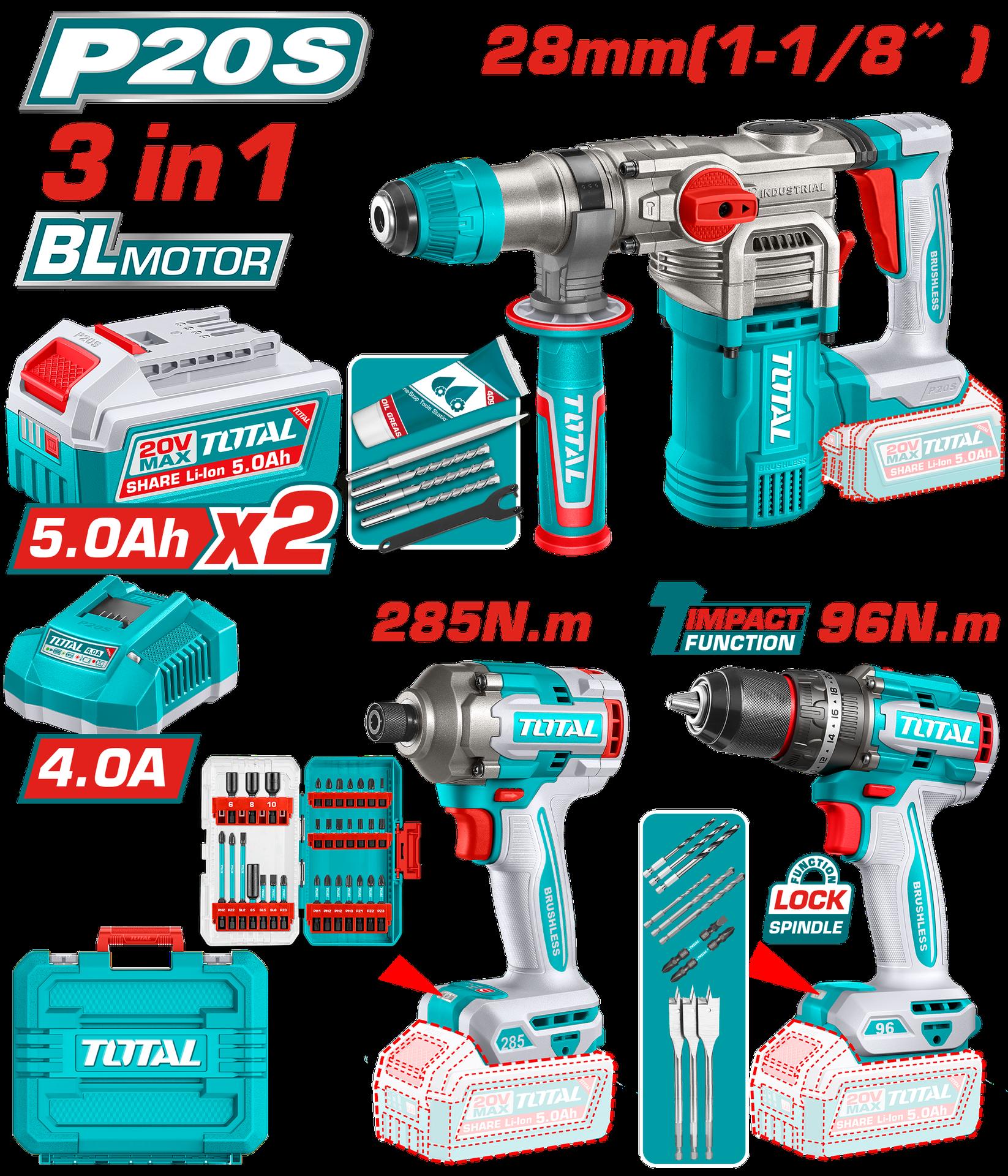 COMBO INALAMBRICO 20V TALADRO PERCUTOR 1/2" 96 NM + PISTOLA DE IMPACTO 1/4" 285 NM + TALADRO ROTOMARTILLO SDS PLUS 4.5 JULES INCLUYE 2 BATERIA 5.0AH , 1 CARGADOR Y ACCESORIOS INDUSTRIAL SUPER TOTAL (UTOSLI250693)