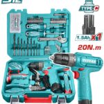 TALADRO INALAMBRICO 3/8 12V 20NM + BATERIA 1.5AH + KIT DE HERRAMIENTAS 128 PZS SUPER TOTAL (THKTHP11292)