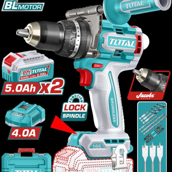 TALADRO INALAMBRICO PERCUTOR 1/2" 166NM 20V CAJA PLASTICA INCLUYE 2 BATERIAS 20V 5AH, 1 CARGADOR Y ACCESORIOS INDUSTRIAL SUPER TOTAL (UTIDLI201668)