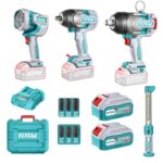 COMBO INALAMBRICO 20V PISTOLA IMPACTO INALAMBRICA 3/4 1350NM + PISTOLA IMPACTO INALAMBRICA 1/2 850NM+LAMPARA DE TRABAJO  2000 LM + LAMPARA DE TRABAJO 300 LM  INCLUYE 2 BATERIAS 5.0AH , CARGADOR Y ACCESORRIOS INDUSTRIAL SUPER TOTAL (UTOSLI250782)