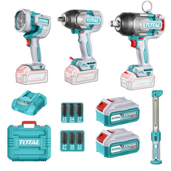 COMBO INALAMBRICO 20V TISTOLA IMPACTO INALAMBRICA 3/4 1350NM + PISTOLA IMPACTO INALAMBRICA 1/2 850NM+LAMPARA DE TRABAJO 2000 LM + LAMPARA DE TRABAJO 300 LM INCLUYE 2 BATERIAS 5.0AH , CARGADOR Y ACCESORRIOS INDUSTRIAL SUPER TOTAL (UTOSLI250782)