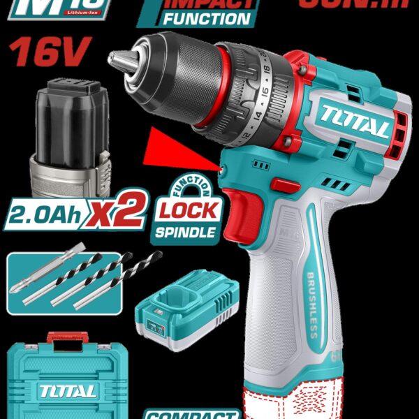 TALADRO INALAMBRICO PERCUTOR 1/2 16V 66NM INCLUYE 2 BATERIAS 2,0AH, CARGADOR Y ACCESORIOS INDUSTRIAL SUPER TOTAL (UTIDLI166062)