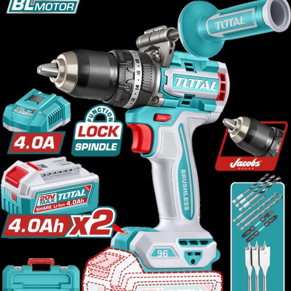 TALADRO INALAMBRICO  PERCUTOR 1/2 20V 96NM INCLUYE 2 BATERIA DE 4.0AH, CARGADOR, INCLUYE ACCESORIOS  INDUSTRIAL SUPER TOTAL (UTIDLI209686)