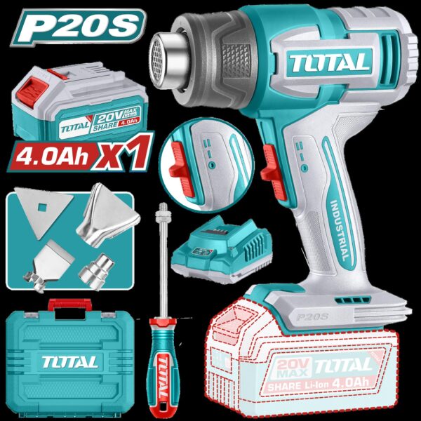 PISTOLA CALOR INALAMBRICA  20V CON TEMPERATURA AJUSTABLE  INCLUYE 4 BOQUILLAS 1 BATERIA 4.0AH Y 1 CARGADOR INDUSTRIAL SUPER TOTAL (UTBLI20065)