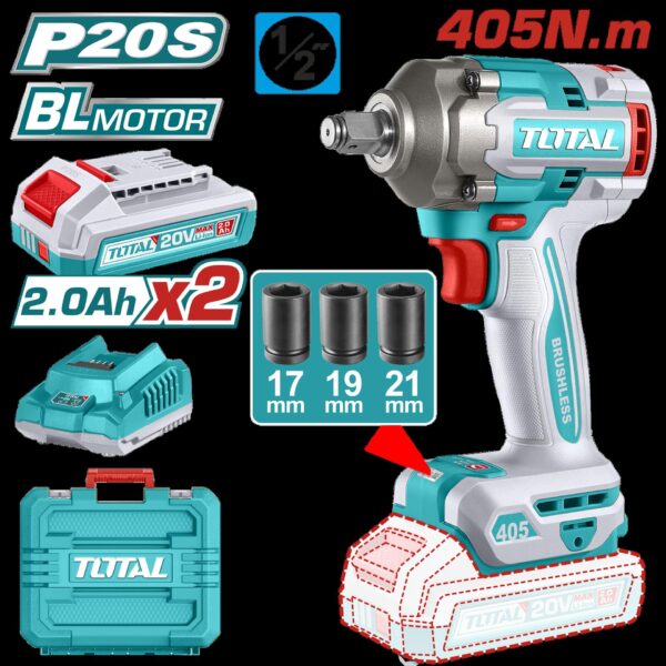 PISTOLA IMPACTO INALAMBRICA 1/2" 20V 405 NM INCLUYE  3 COPAS 17,19,21, 2 BATERIAS 1 CARGADOR INDUSTRIAL SUPER TOTAL (UTIWLI2045)